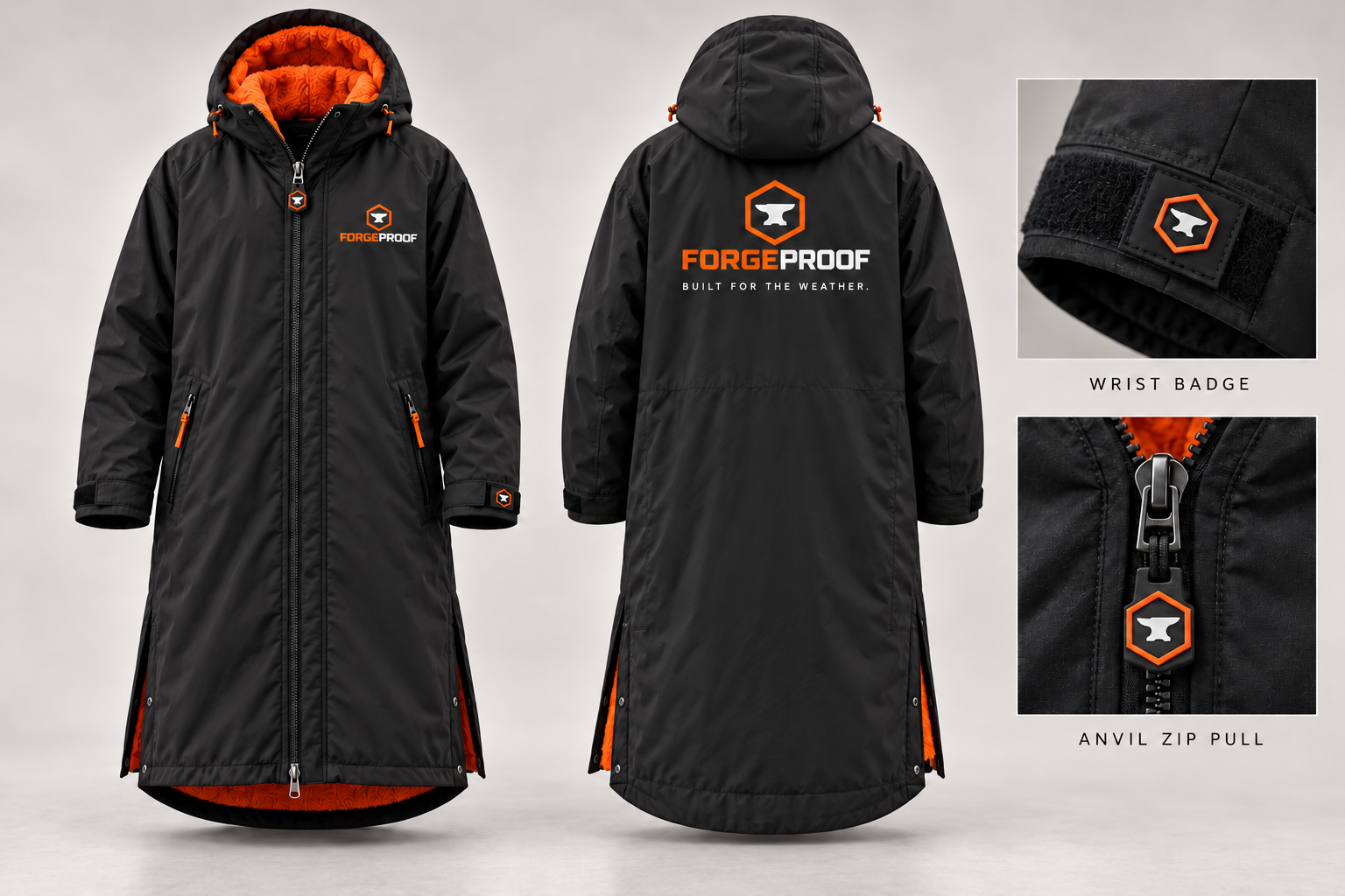 Forge Black coat concept showing the front, back and Forgeproof detailing
