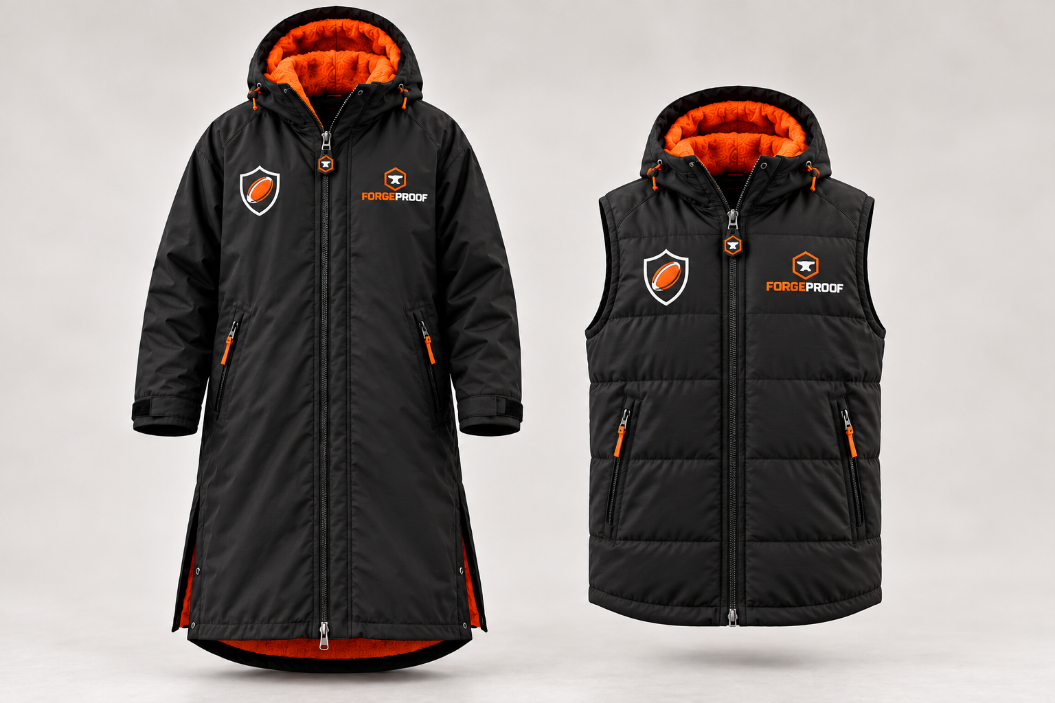 Concept showing black Forgeproof coat and gilet with a generic rugby crest placeholder on the opposite chest