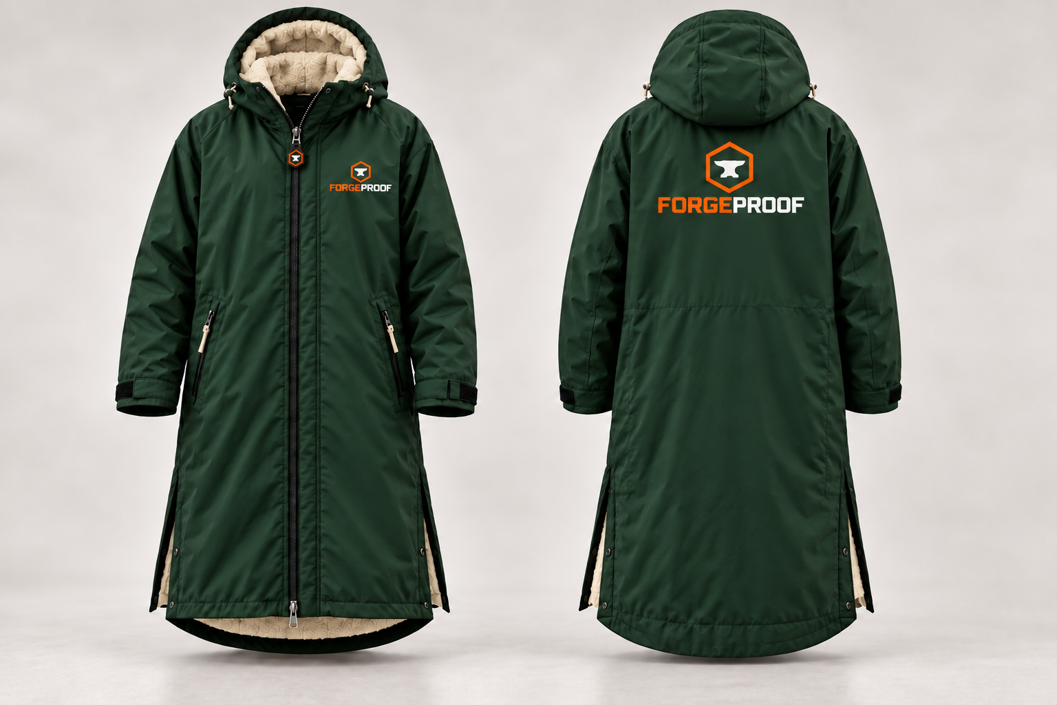 Concept showing front and back of a forest-green Forgeproof coat with stone lining