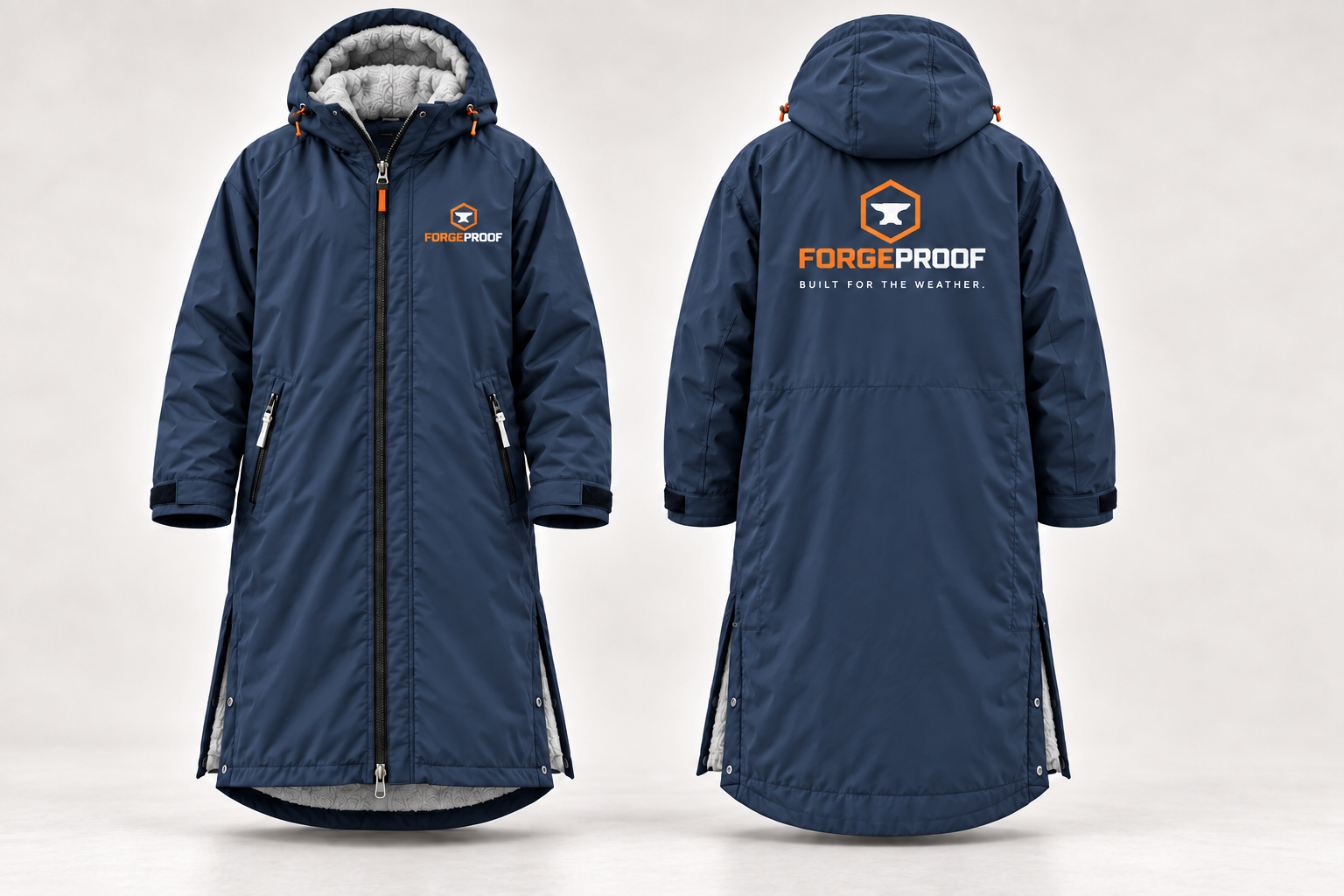 Concept showing front and back of a slate-blue Forgeproof coat with silver-grey lining